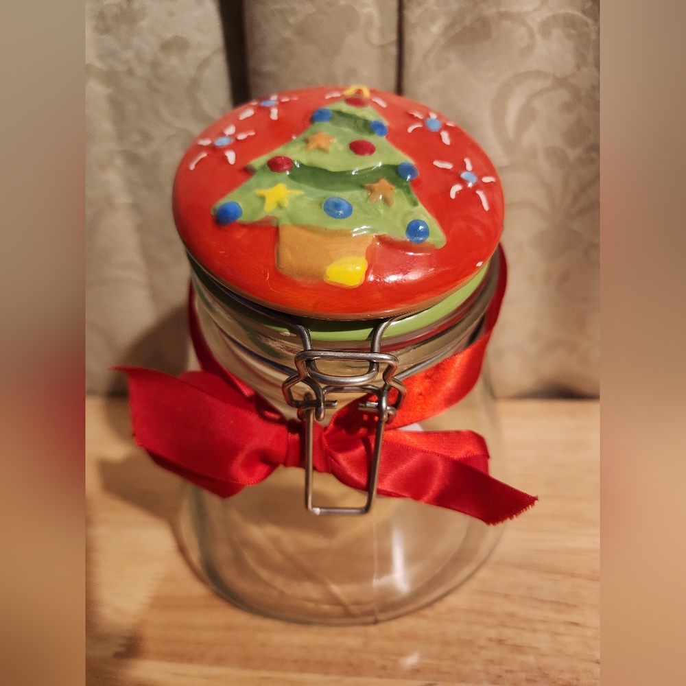 Global Amici handmade glass jar with a ceramic Christmas tree lid